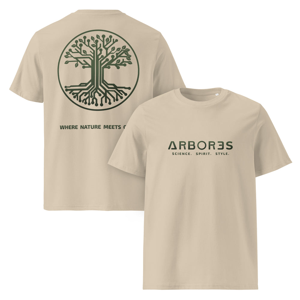 T-shirt bio ARBOR3S Signature Vert Canopée — beige Desert Dust — vues de face et de dos