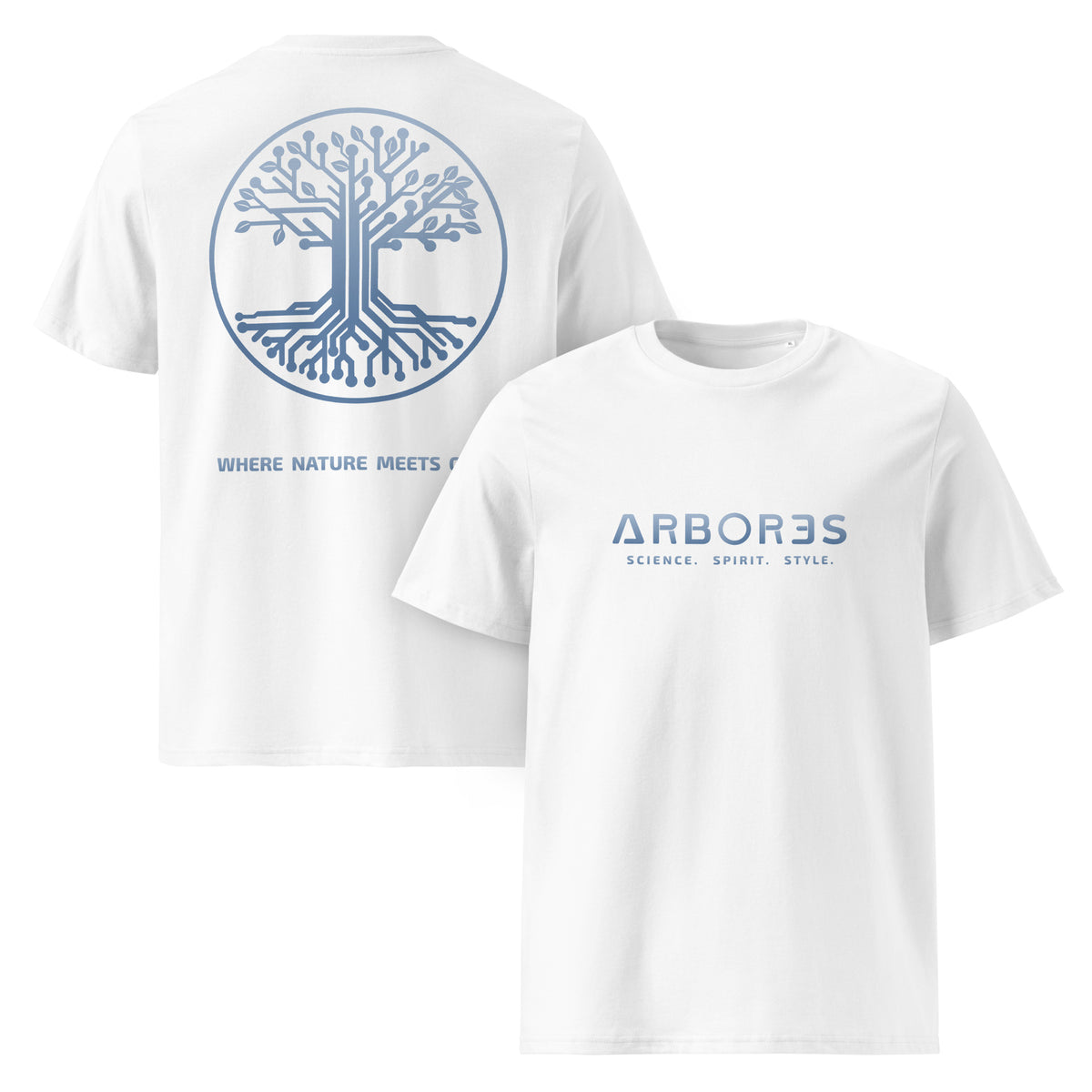 T-shirt bio ARBOR3S Signature Bleu Nébula — blanc — vues de face et de dos
