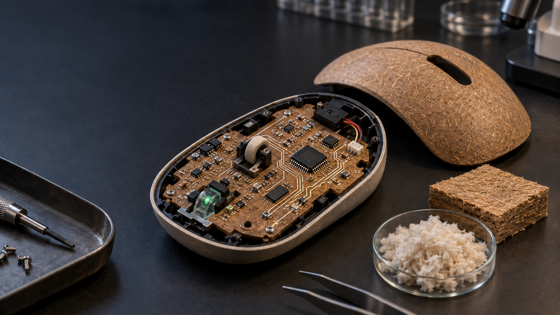 Illustration conceptuelle d’une souris ouverte avec un circuit imprimé inspiré des fibres de bois
