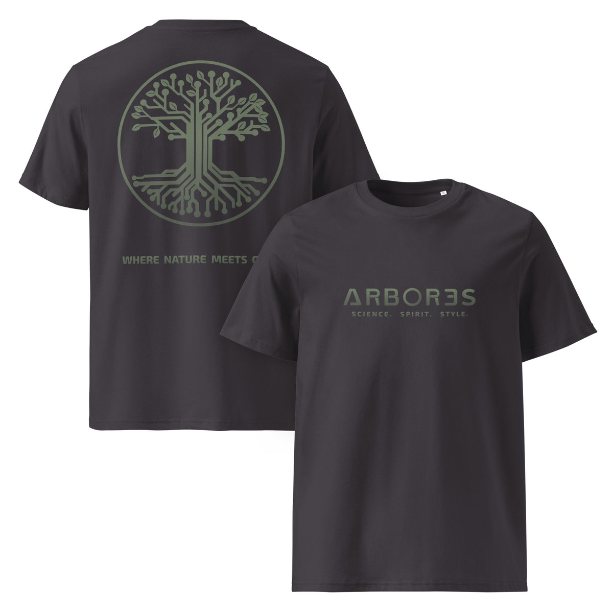 T-shirt bio ARBOR3S Signature Vert Canopée — anthracite — vues de face et de dos