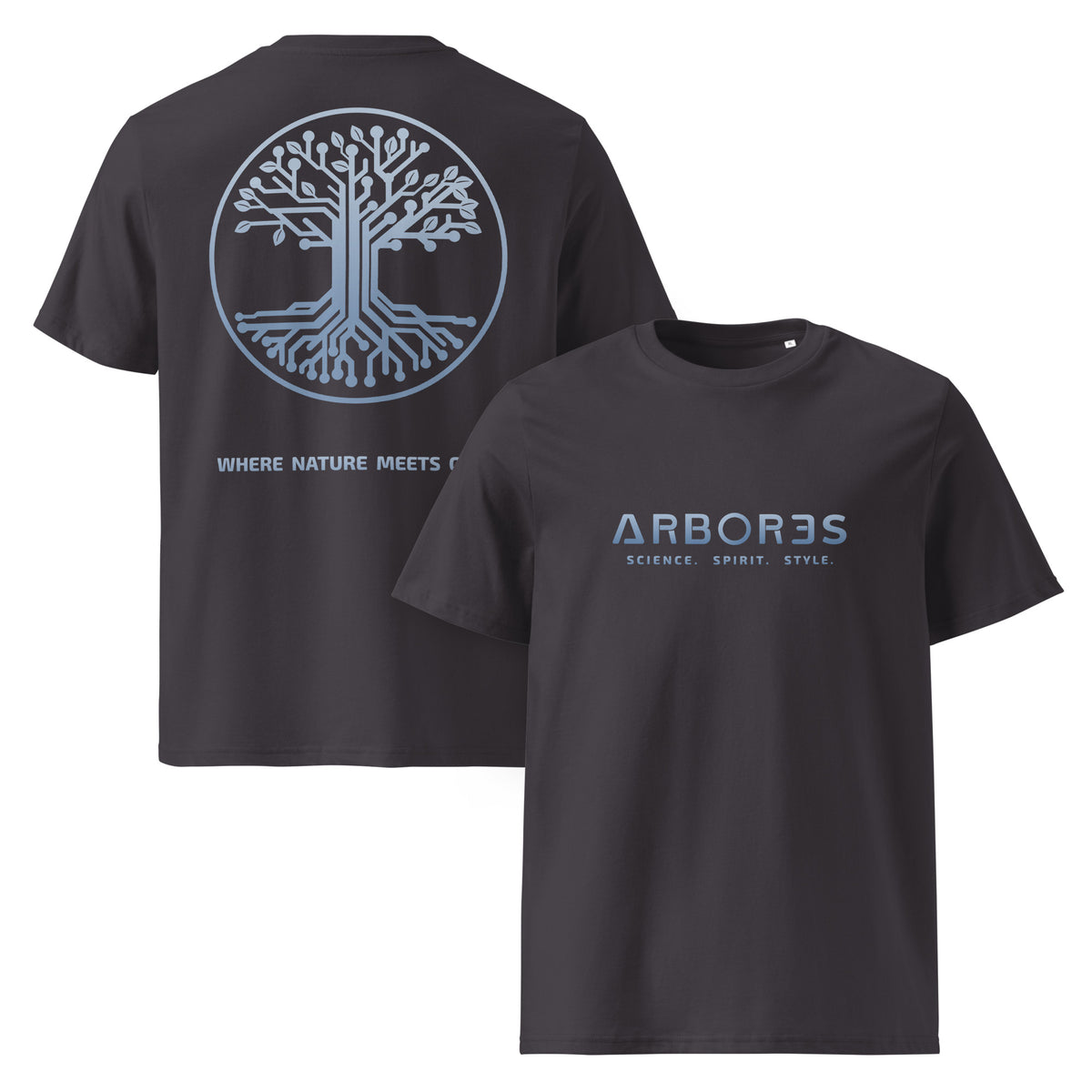 T-shirt bio ARBOR3S Signature Bleu Nébula — anthracite — vues de face et de dos