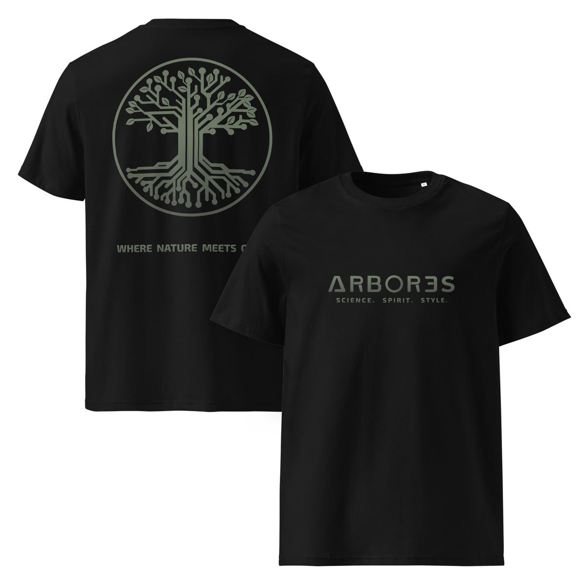 T-shirt bio ARBOR3S Signature Vert Canopée — noir — vues de face et de dos
