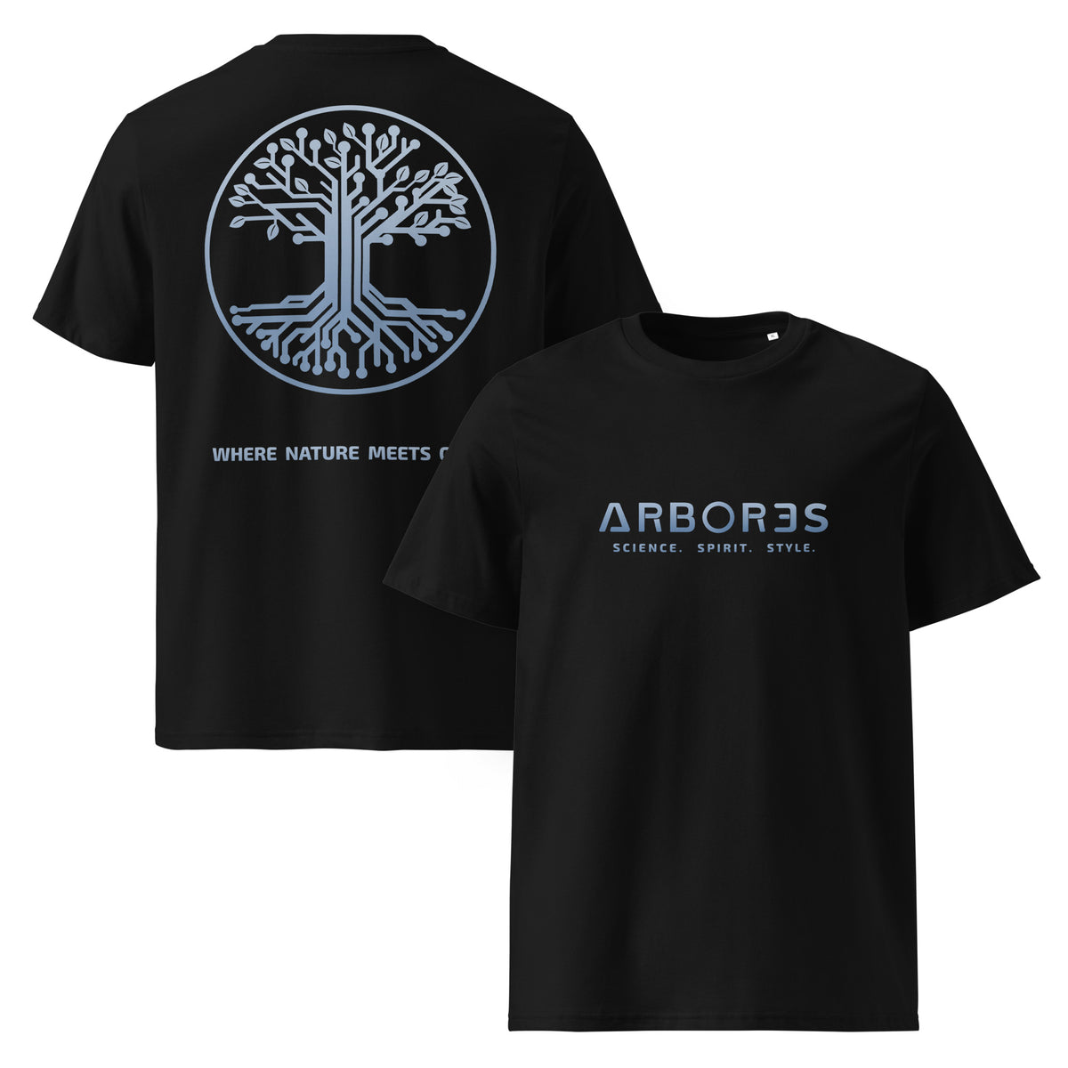 T-shirt bio ARBOR3S Signature Bleu Nébula — noir — vues de face et de dos