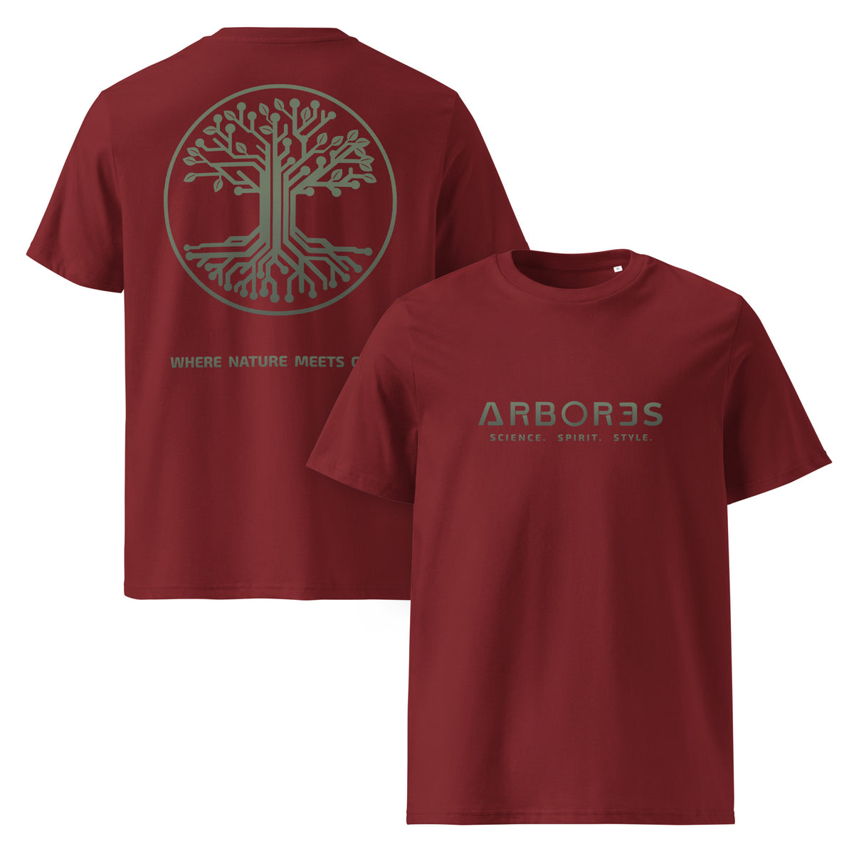 T-shirt bio ARBOR3S Signature Vert Canopée — bordeaux — vues de face et de dos