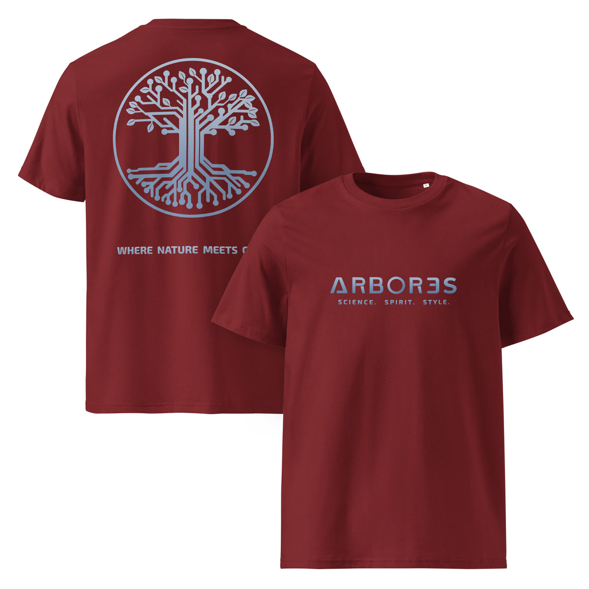T-shirt bio ARBOR3S Signature Bleu Nébula — bordeaux — vues de face et de dos