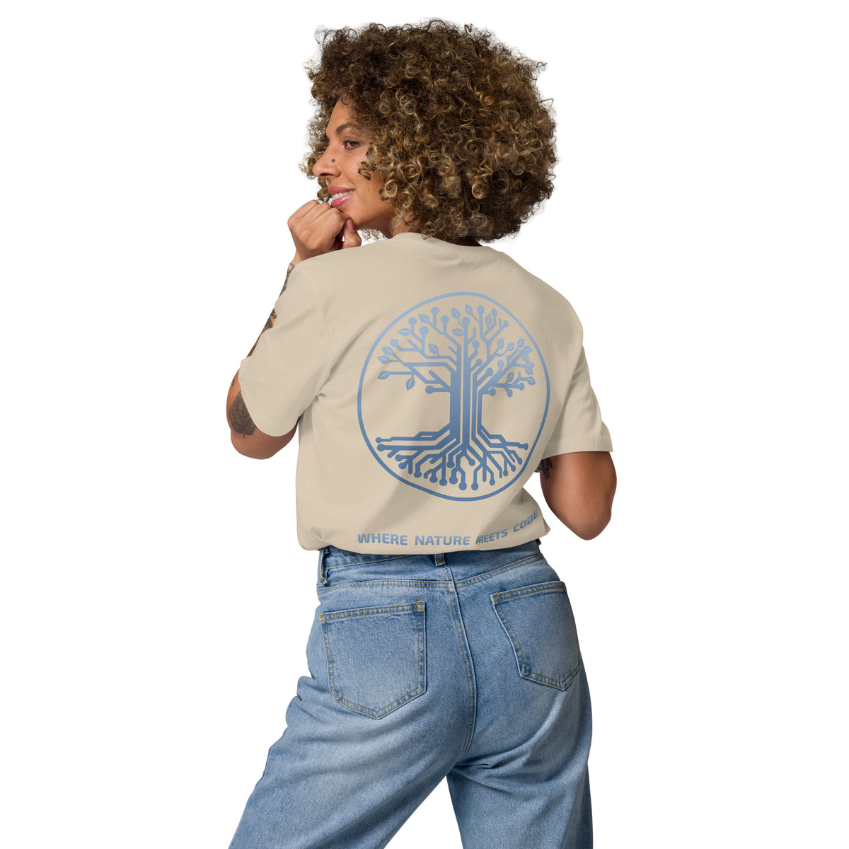 T-shirt bio ARBOR3S Signature Bleu Nébula — beige Desert Dust — vue de dos