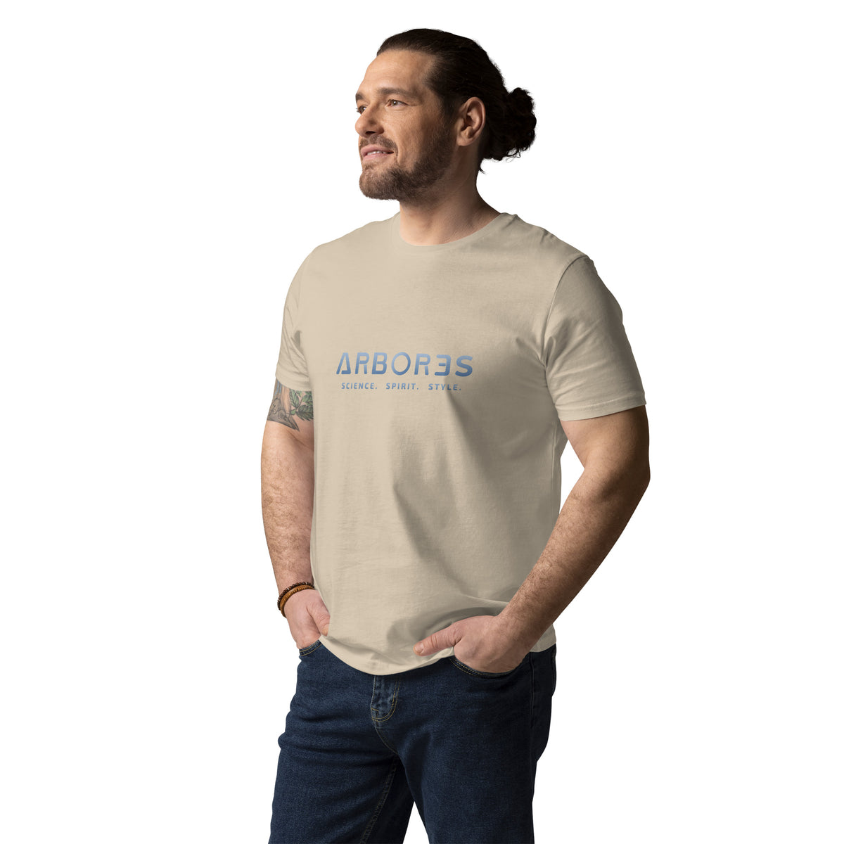 T-shirt bio ARBOR3S Signature Bleu Nébula — beige Desert Dust — vue de face