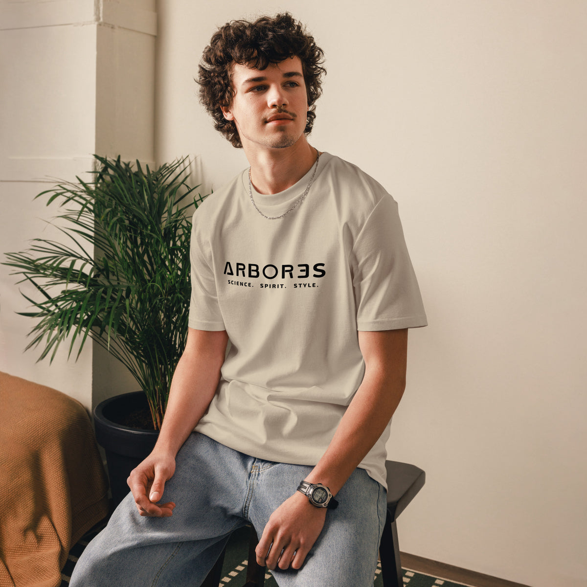 T-shirt bio ARBOR3S Signature Noir Carbone — beige Desert Dust — vue de face