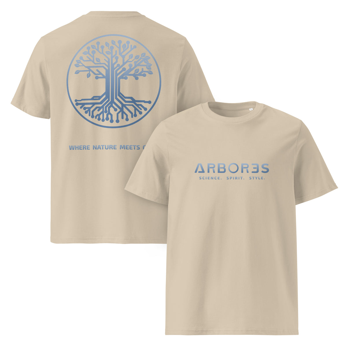 T-shirt bio ARBOR3S Signature Bleu Nébula — beige Desert Dust — vues de face et de dos
