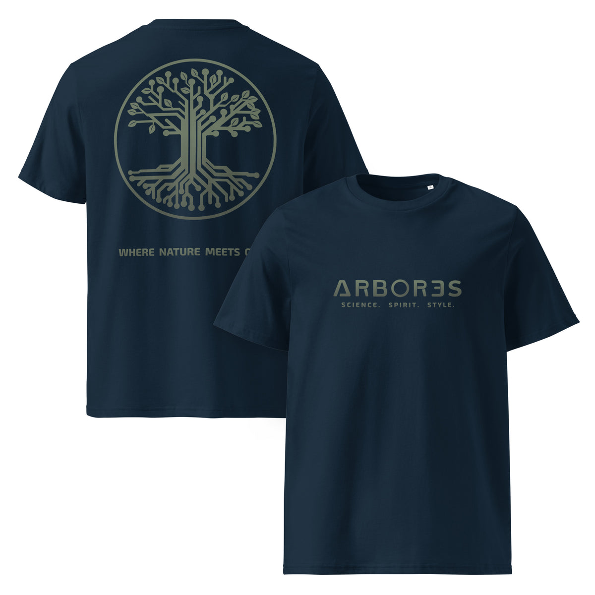 T-shirt bio ARBOR3S Signature Vert Canopée — bleu marine — vues de face et de dos
