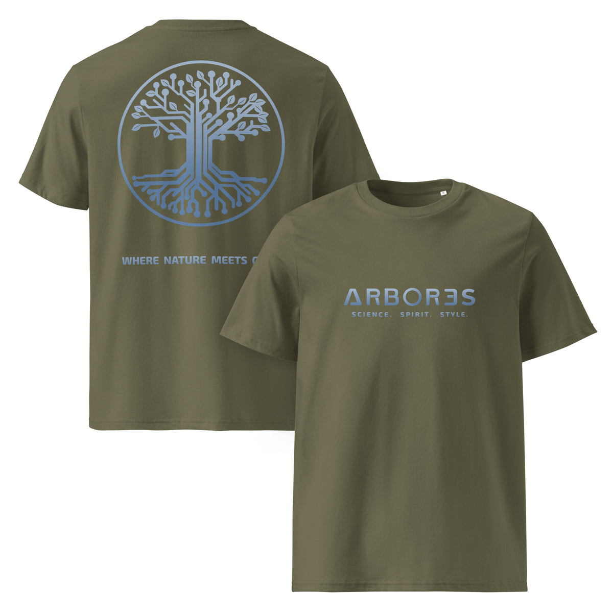 T-shirt bio ARBOR3S Signature Bleu Nébula — kaki — vues de face et de dos