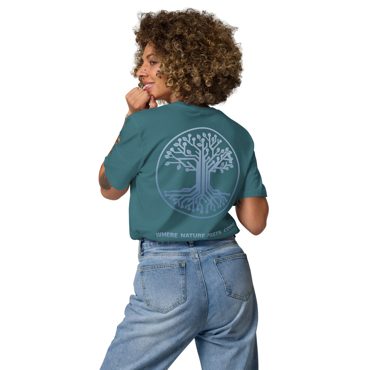 T-shirt bio ARBOR3S Signature Bleu Nébula — vert Stargazer — vue de dos