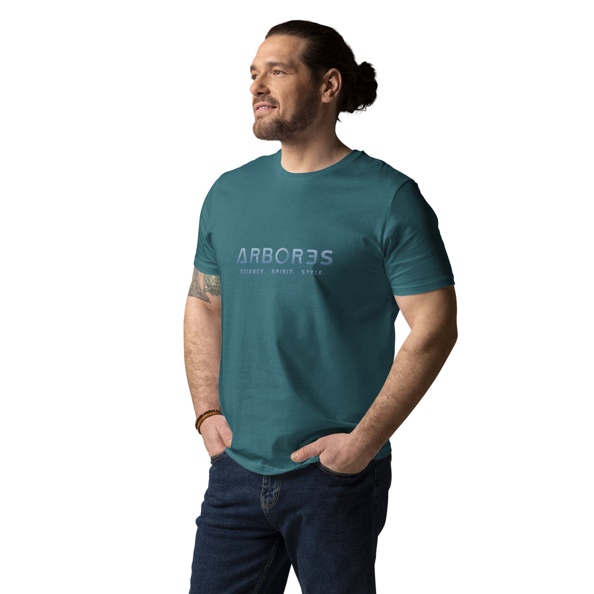 T-shirt bio ARBOR3S Signature Bleu Nébula — vert Stargazer — vue de face