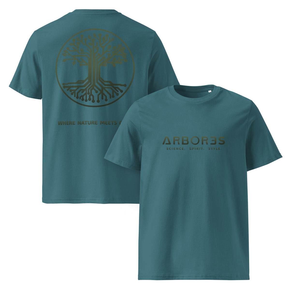 T-shirt bio ARBOR3S Signature Vert Canopée — vert Stargazer — vues de face et de dos