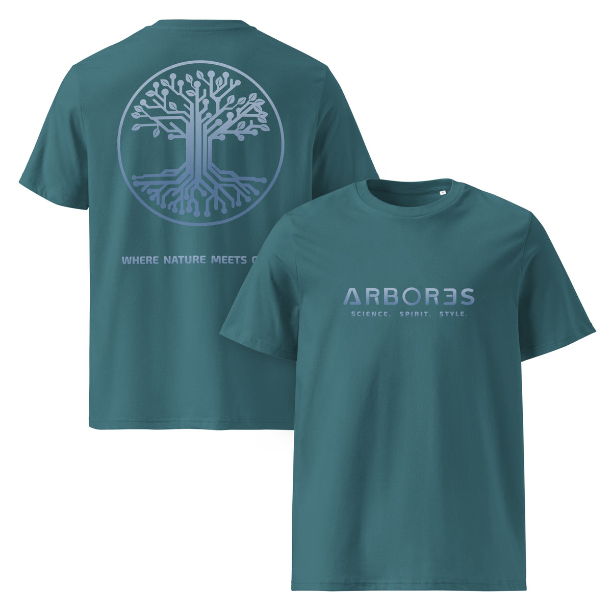 T-shirt bio ARBOR3S Signature Bleu Nébula — vert Stargazer — vues de face et de dos