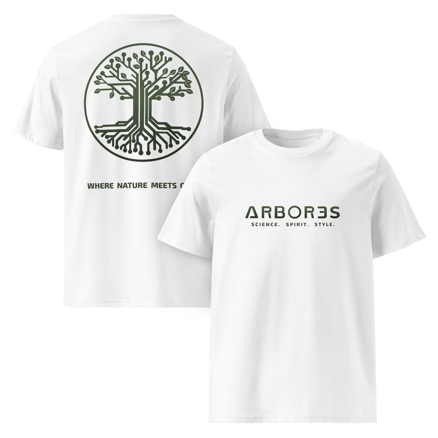 T-shirt bio ARBOR3S Signature Vert Canopée — blanc — vues de face et de dos