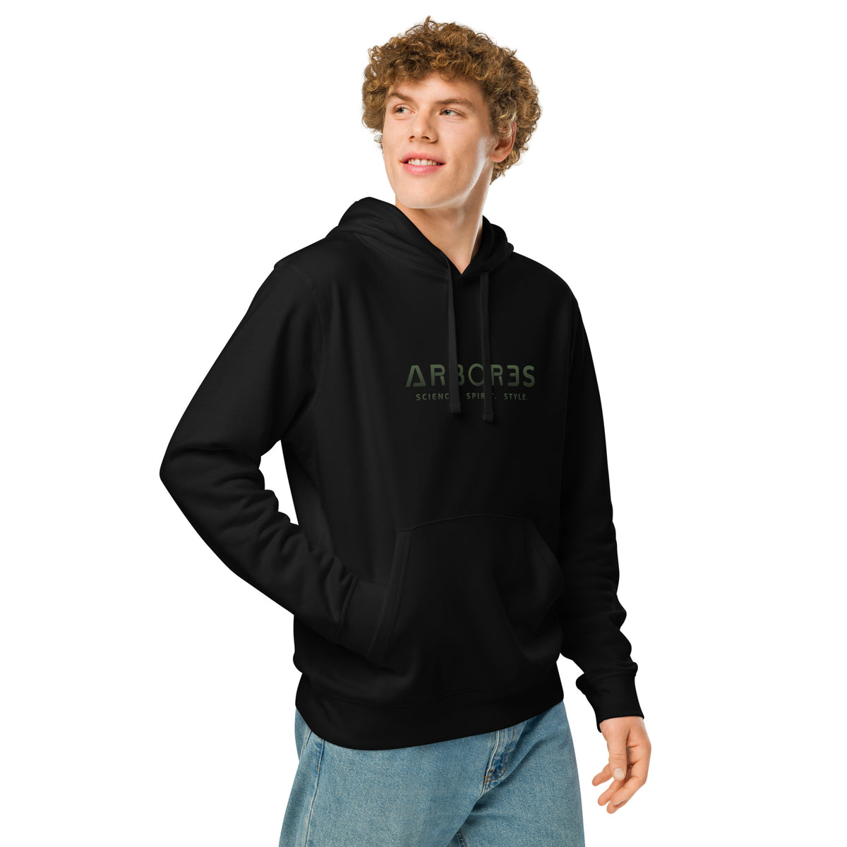 Hoodie bio ARBOR3S Signature Vert Canopée — noir — vue trois-quarts