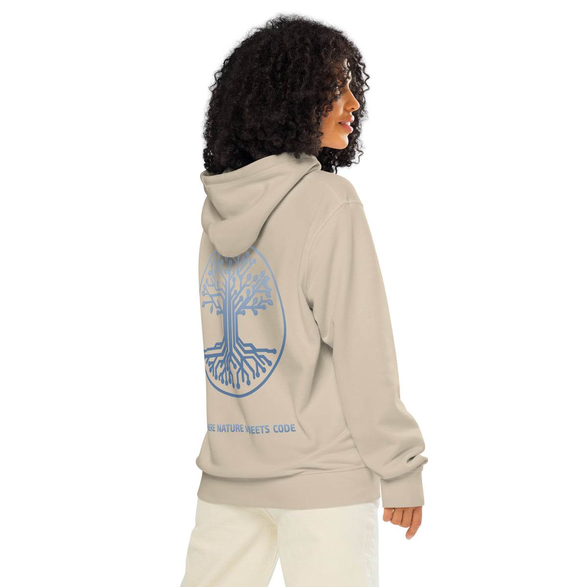 Hoodie bio ARBOR3S Signature Bleu Nébula — beige Desert Dust — vue de dos