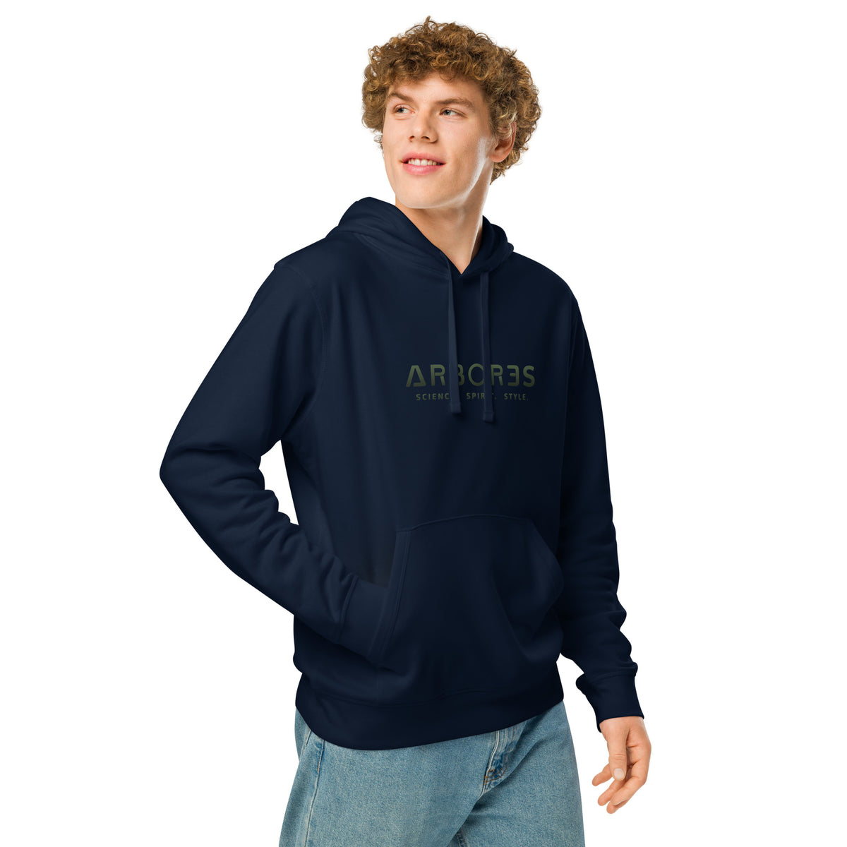Hoodie bio ARBOR3S Signature Vert Canopée — bleu marine — vue trois-quarts