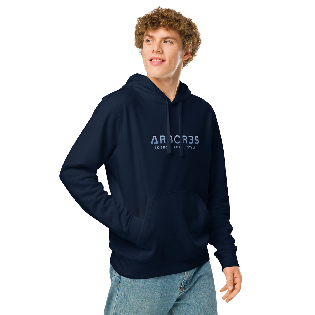 Hoodie bio ARBOR3S Signature Bleu Nébula — bleu marine — vue trois-quarts